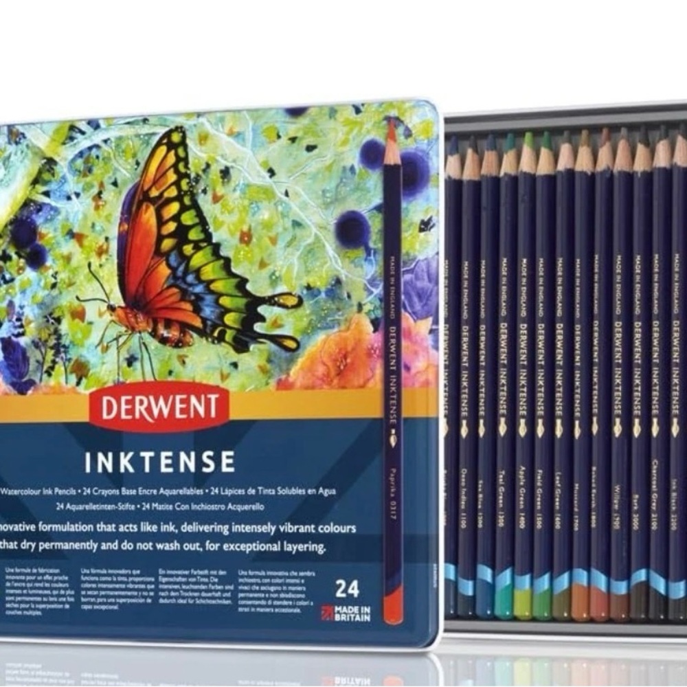 Derwent Inktense Colored Pencils Water Soluble Ink, 24 Count In Metal Tin NWT